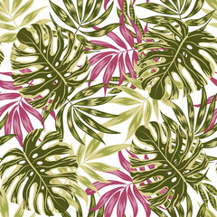 Summer seamless pattern with tropical plants on a white background. Beautiful seamless vector floral pattern. Hand draw texture. Vector template. Trendy summer Hawaii print.