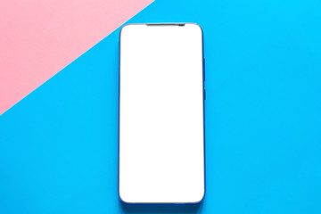 mobile phone on a colored background with a white blank screen. smartphone with place for text mockup