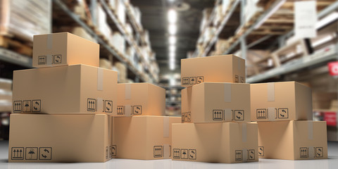 Cardboard boxes on blur storage warehouse shelves background. 3d illustration - obrazy, fototapety, plakaty