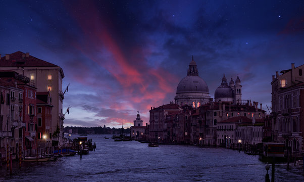 Grand Canal and Santa Maria della Salute in the twilight, Venice, Italy