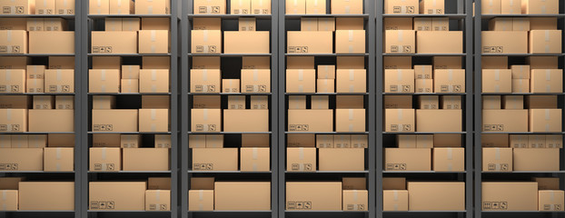 Cardboard boxes on storage warehouse shelves background. 3d illustration