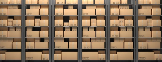 Fotobehang Cardboard boxes on storage warehouse shelves background. 3d illustration © Rawf8