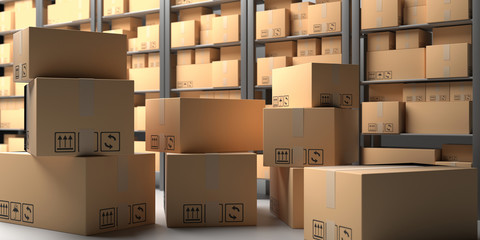 Cardboard boxes on warehouse storage shelves background. 3d illustration