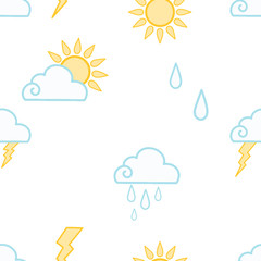 Weather seamless pattern.Vector illustration. Sun, clouds, rain, lightning