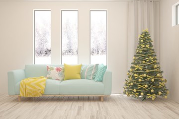 Stylish room in white color with sofa, new year tree and winter landscape in window. Scandinavian interior design. 3D illustration
