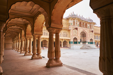 Amber Fort or Amer Fort in Jaipur, India. Mughal architecture medieval fort made of yellow sandstone. Architecture of India - obrazy, fototapety, plakaty