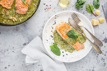 Grilled Salmon with spinach and garlic cream sauce on a plate, top view