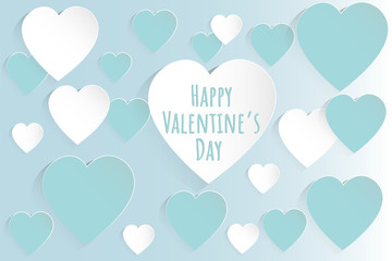 Valentine's day concept background. Vector illustration. White and Blue paper hearts on pastel Blue background. Cute love sale banner or greeting card