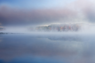 Autumn landscape, Deep Lake in fog, Yankee Springs State Park, Michigan, USA 
