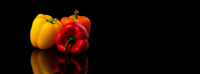 yellow, red and orange pepper paprika on a black background, panoramic image