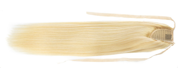 Natural human blonde hair extensions, space for text. Multicolor straight and curly tape in colorful remy. Tail for women.