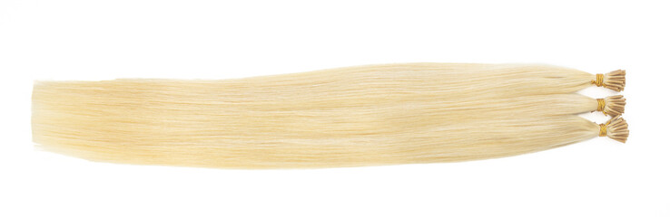 Natural human blonde hair extensions, space for text. Multicolor straight and curly tape in colorful remy. Tail for women.
