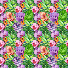 Fototapeta na wymiar seamless patterns of tropical flowers orchids, strelitzia and green leaves, monstera on an isolated white background, watercolor illustration, flora design