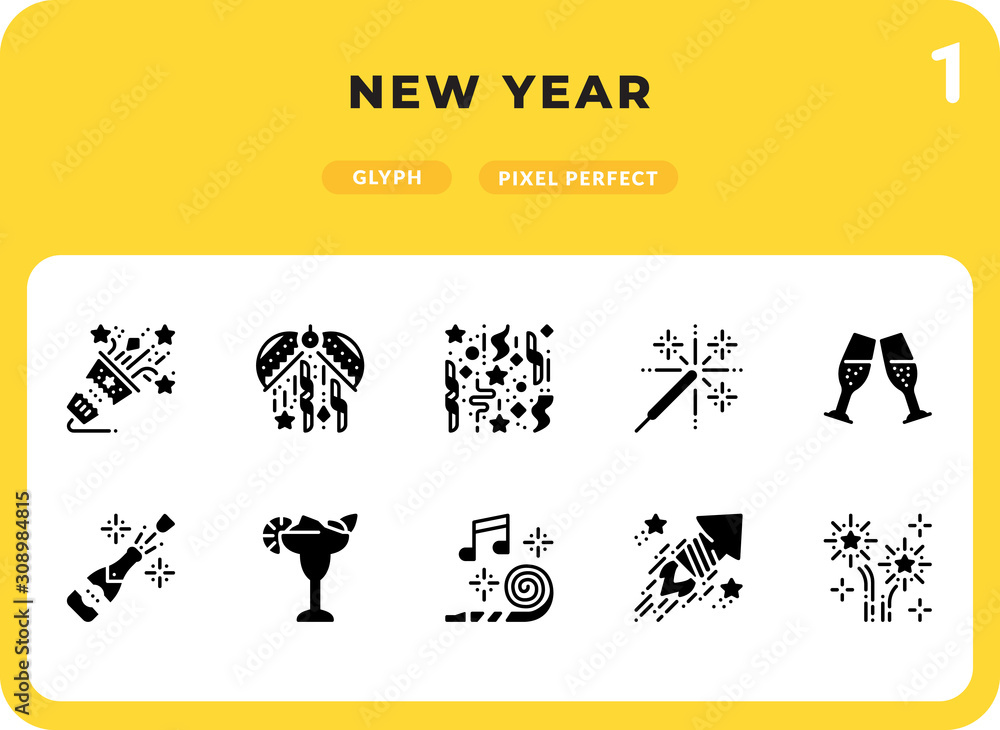 Poster new year glyph icons pack for ui. pixel perfect thin line vector icon set for web design and website