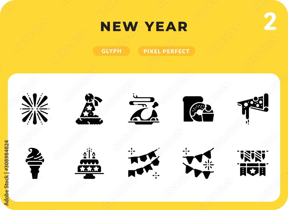 Poster new year glyph icons pack for ui. pixel perfect thin line vector icon set for web design and website