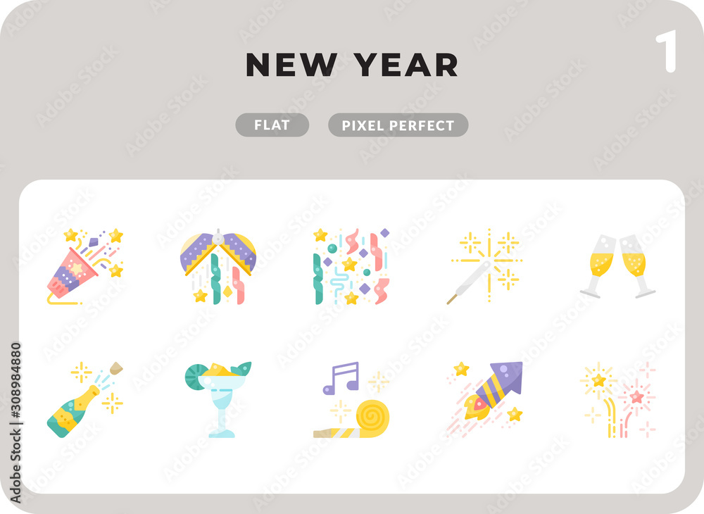 Poster new year flat icons pack for ui. pixel perfect thin line vector icon set for web design and website 