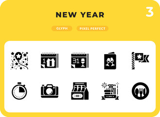 New Year Glyph Icons Pack for UI. Pixel perfect thin line vector icon set for web design and website application.