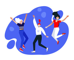 Group of young stylish joyful girls jumping with raised hands. Happy positive young women rejoicing together. flat cartoon style. Vector illustration. Characters design.