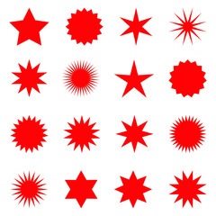 Set of red star or sun shaped sale stickers. Promotional sticky notes and labels.