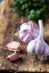 Organic garlic bulbs with garlic cloves on old wooden board