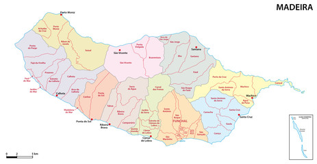 Administrative map of the Portuguese island of Madeira - obrazy, fototapety, plakaty