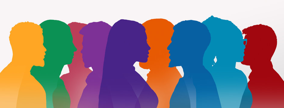 Diverse colored silhouettes of communicating people over white