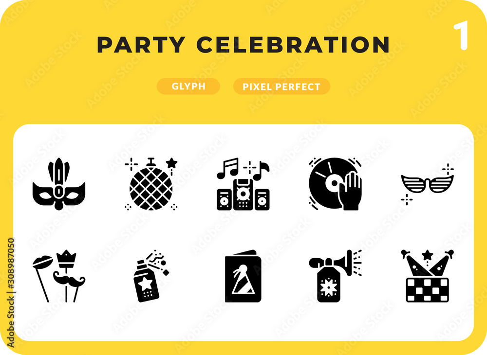 Poster party celebration glyph icons pack for ui. pixel perfect thin line vector icon set for web design an