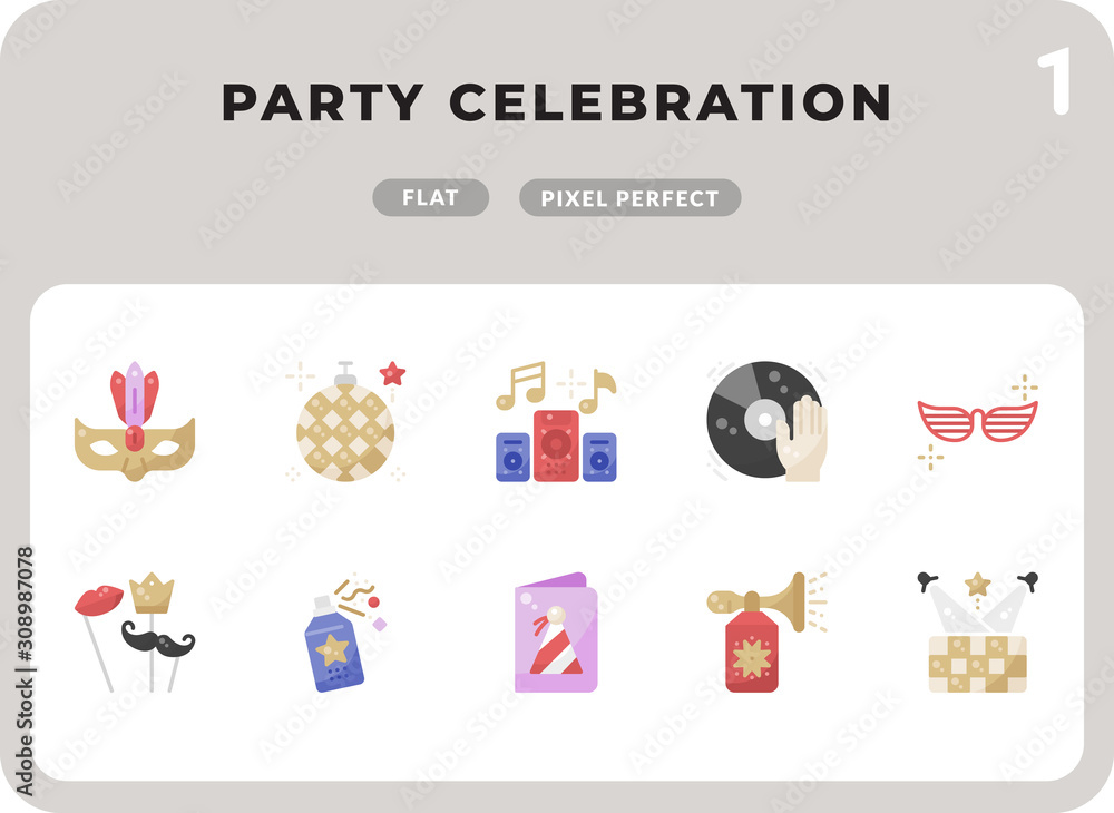 Poster party celebration flat icons pack for ui. pixel perfect thin line vector icon set for web design and