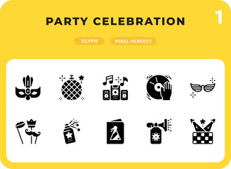 Party Celebration Glyph Icons Pack for UI. Pixel perfect thin line vector icon set for web design and website application.