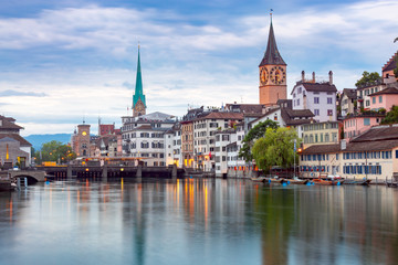 Fototapeta na wymiar Zurich. View of the city embankment and the facades of old houses.