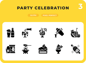 Party Celebration Glyph Icons Pack for UI. Pixel perfect thin line vector icon set for web design and website application.