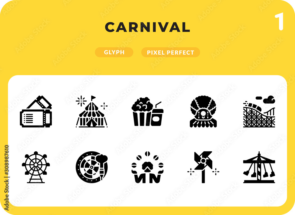 Poster carnival glyph icons pack for ui. pixel perfect thin line vector icon set for web design and website