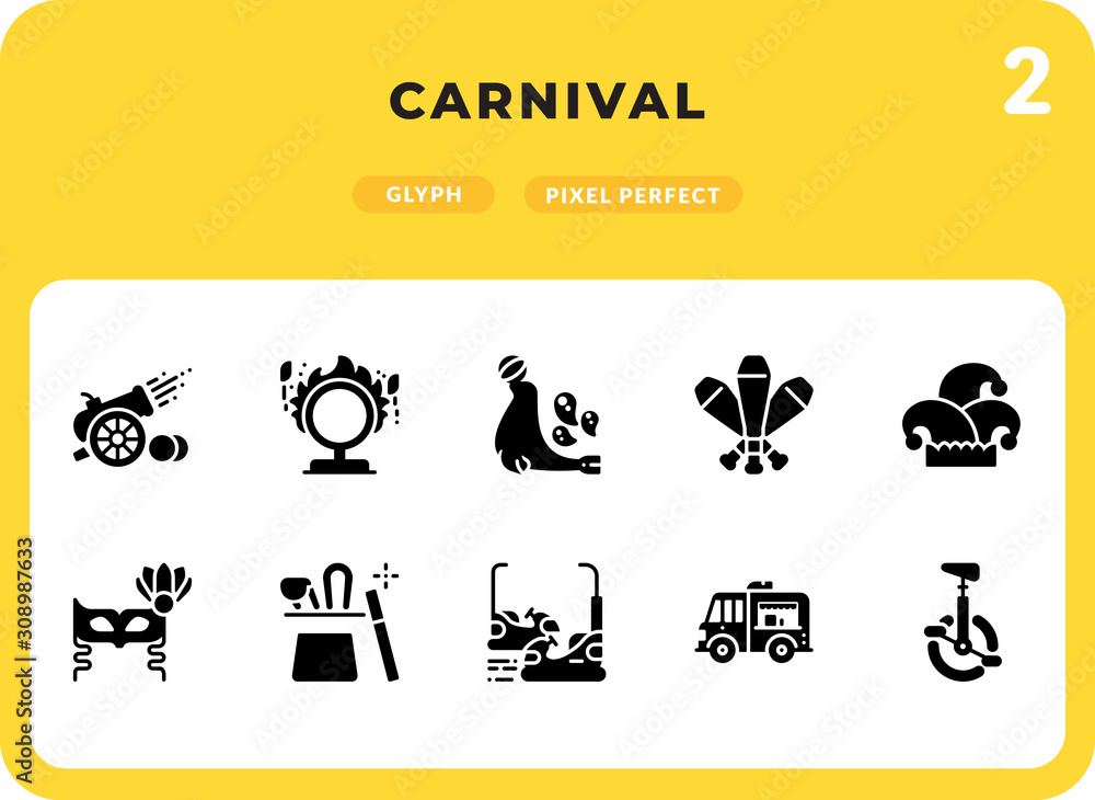 Poster carnival glyph icons pack for ui. pixel perfect thin line vector icon set for web design and website