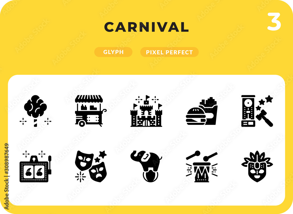 Poster carnival glyph icons pack for ui. pixel perfect thin line vector icon set for web design and website