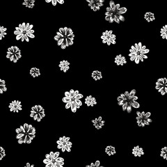 Little white flowers hand drawn - seamless pattern with blossom on black background