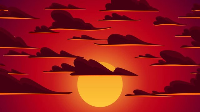 Looped animation of red sunset sky with flying clouds