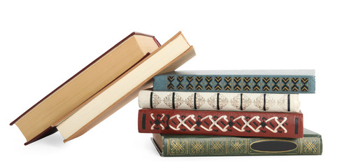 Collection of different books isolated on white