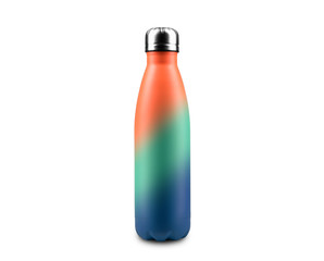 Close-up of reusable, steel thermo eco water bottle isolated on white background. Color of Lush Lava, Aqua Menthe and Phantom Blue.