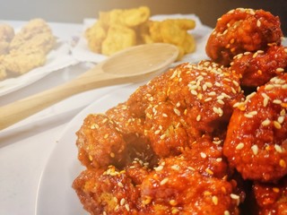 spicy korean chickens on table
