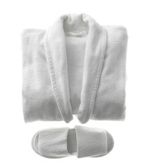 Clean folded bathrobe and slippers isolated on white, top view