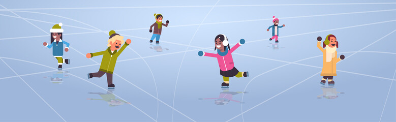 Children skating on ice rink winter sport