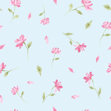 Pink flowers watercolor painting - hand drawn seamless pattern on light blue background
