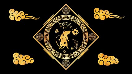 Gold Chinese New Year background with gold and black, rat, 3D rendering. Magical Happy new year animation.