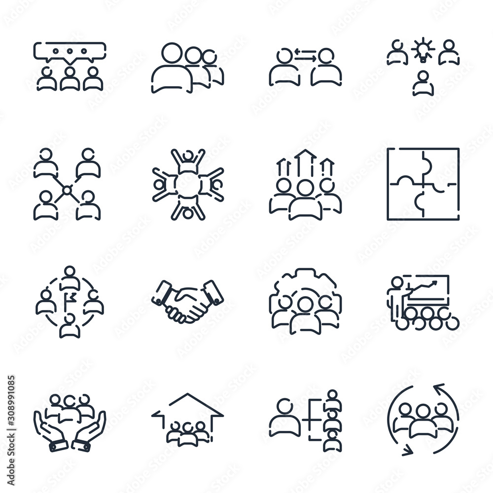 Poster team work set icon template color editable. meeting and more pack symbol vector sign isolated on whi