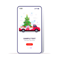 red pickup car with fir tree and gift present boxes merry christmas happy new year winter holidays concept smartphone screen online mobile app vector illustration