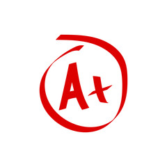 Grade A Plus result icon. School red mark handwriting. A plus in circle isolated on white background. Vector illustration