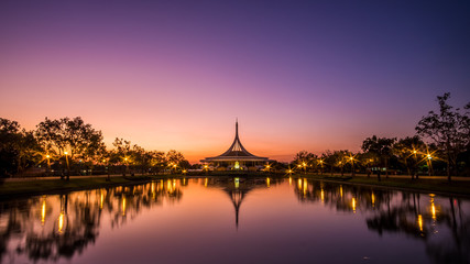 Fototapeta na wymiar Suan Luang Rama IX Public Park (Bangkok, Thailand), at dusk with twilight sky