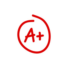 Obraz premium Grade A Plus result icon. School red mark handwriting. A plus in circle isolated on white background. Vector illustration