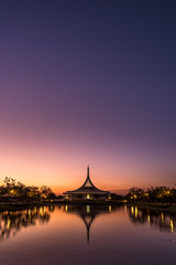 Suan Luang Rama IX Public Park (Bangkok, Thailand), at dusk with twilight sky