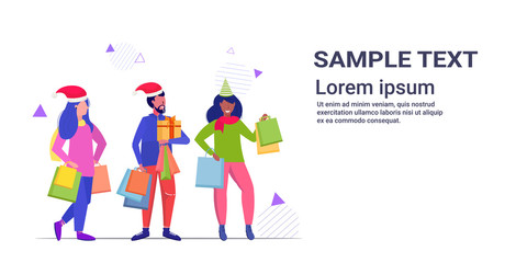 Fototapeta premium mix race people in santa hats carrying shopping bags and gift present boxes merry christmas happy new year winter holidays celebration concept full length sketch horizontal copy space vector